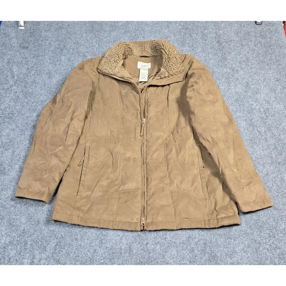LL Bean Coat Womens Medium Khaki Jacket Goose Down Full Zip Quilted - Picture 1 of 9